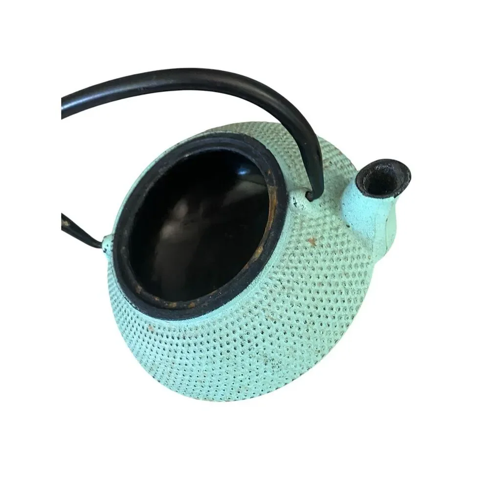 Green Cast Iron Tea Pot & Lid Distressed Patina Dot Texture Asian Rustic Decor